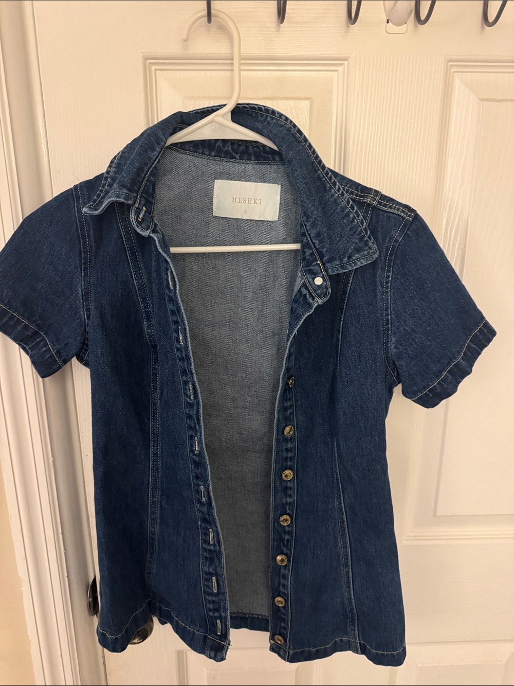 Meshki Dark Blue Denim Short Sleeve Button-Up Top
